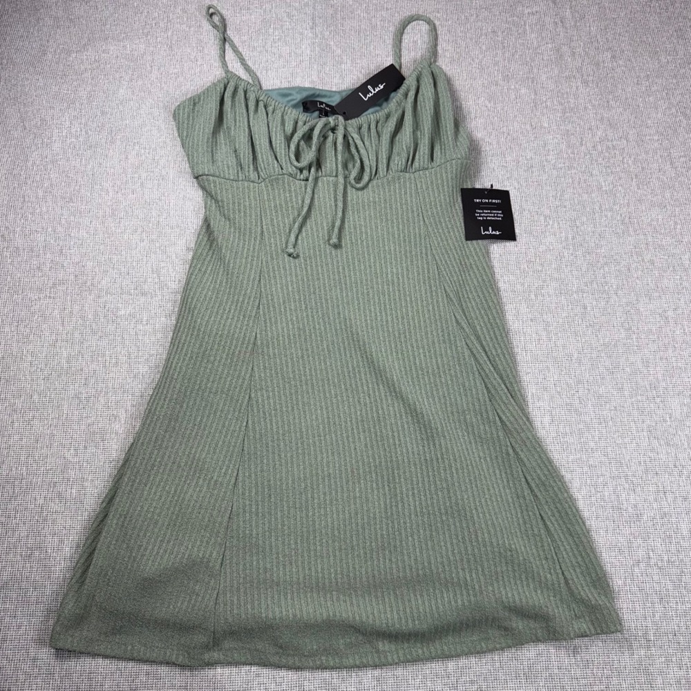 Lulus Sage Green Ribbed Knit Ruched Mini Dress Size L Sleeveless Tie Front New